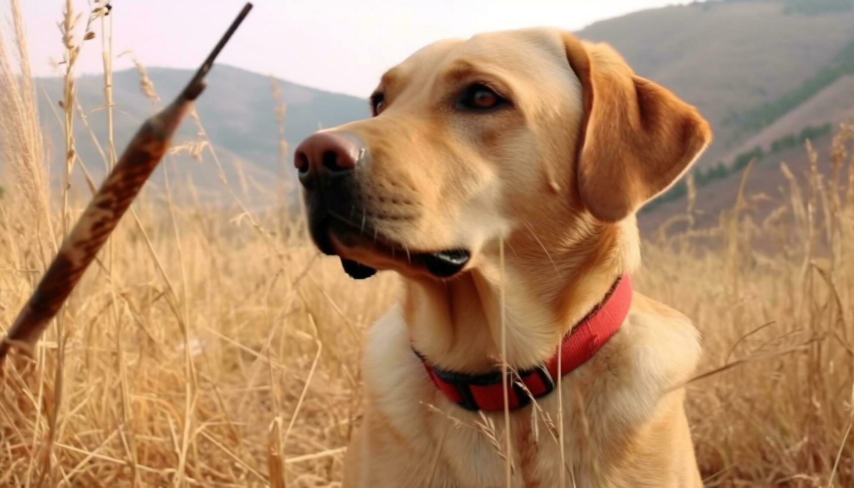 d'or retriever chiot en marchant dans tranquille rural Prairie paysage généré par ai photo