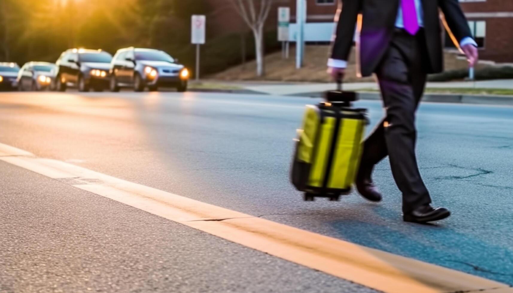 sur de soi homme d'affaire sur le déplacer, en portant bagage, attendre pour transport généré par ai photo