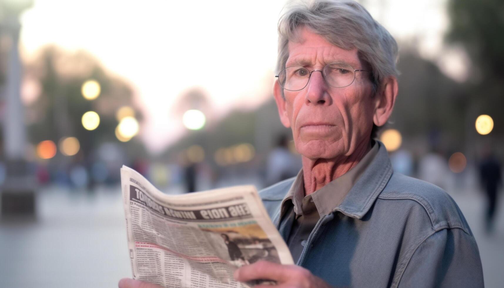 Sénior homme en train de lire journal en plein air, portant lunettes et souriant généré par ai photo