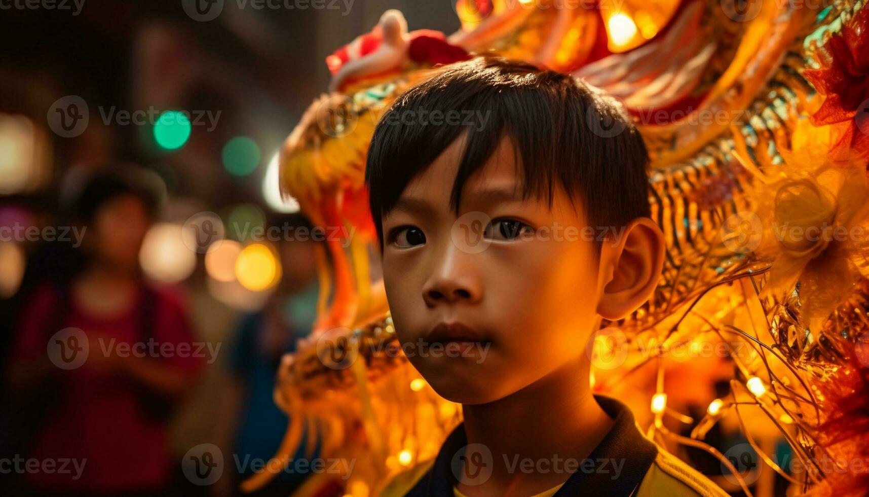 mignonne chinois garçons en jouant en dessous de illuminé arbre à Nouveau année fête généré par ai photo