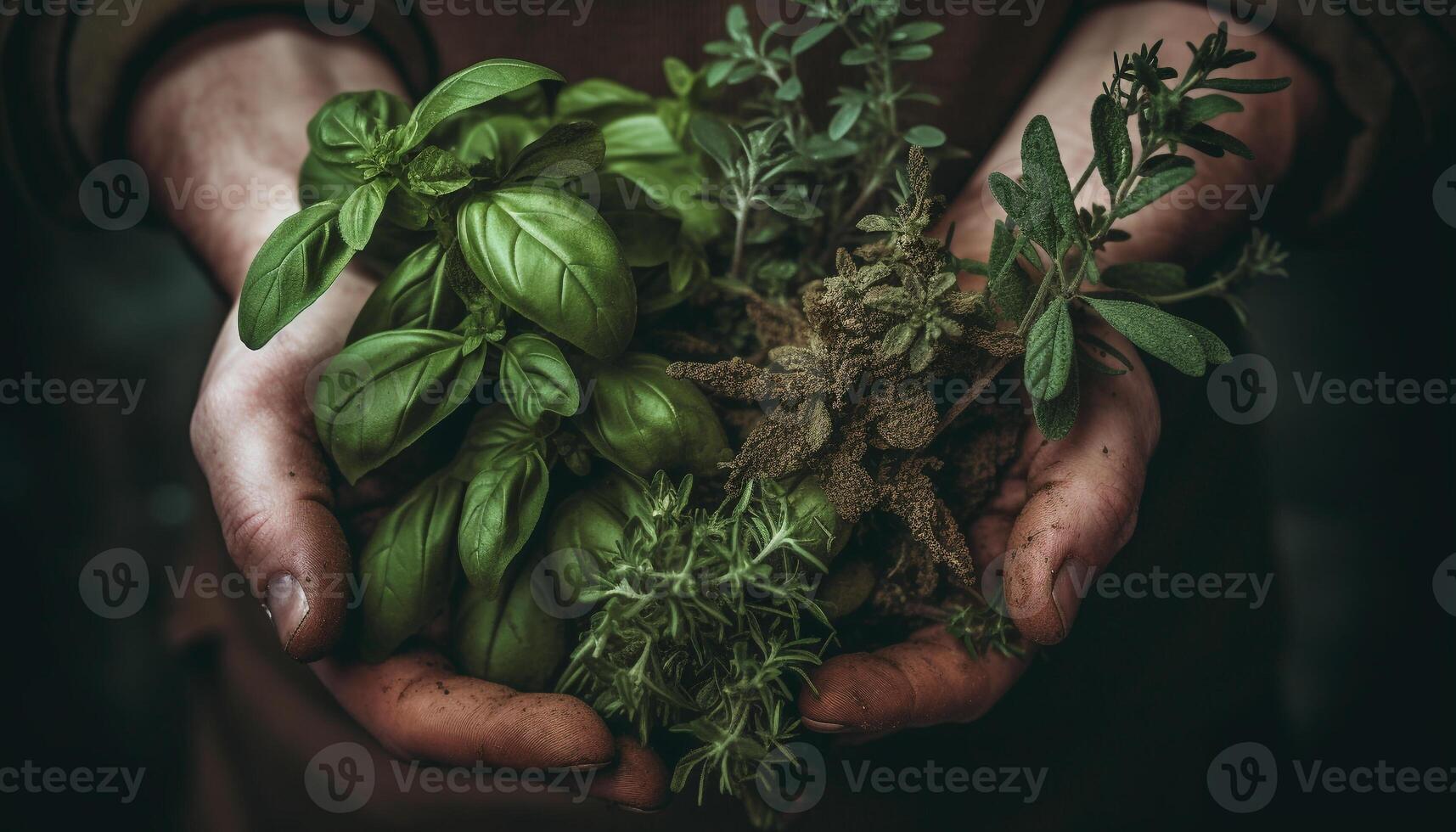 la personne en portant Frais biologique herbe sur noir Contexte généré par ai photo