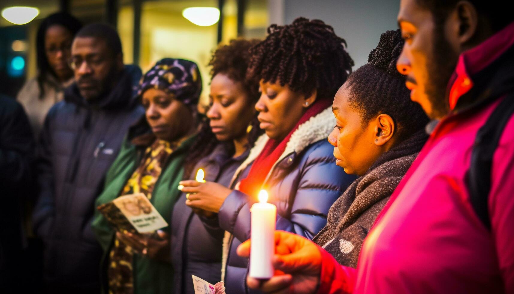 africain américain famille fête Noël avec chandelle, aimer, et unité généré par ai photo