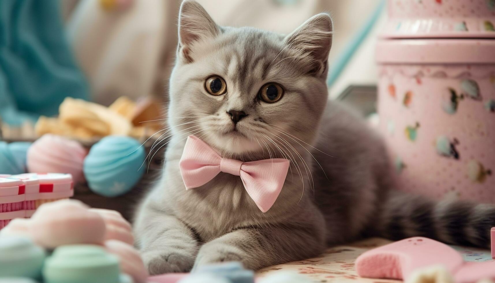 une espiègle chaton séance sur une table avec une jouet généré par ai photo