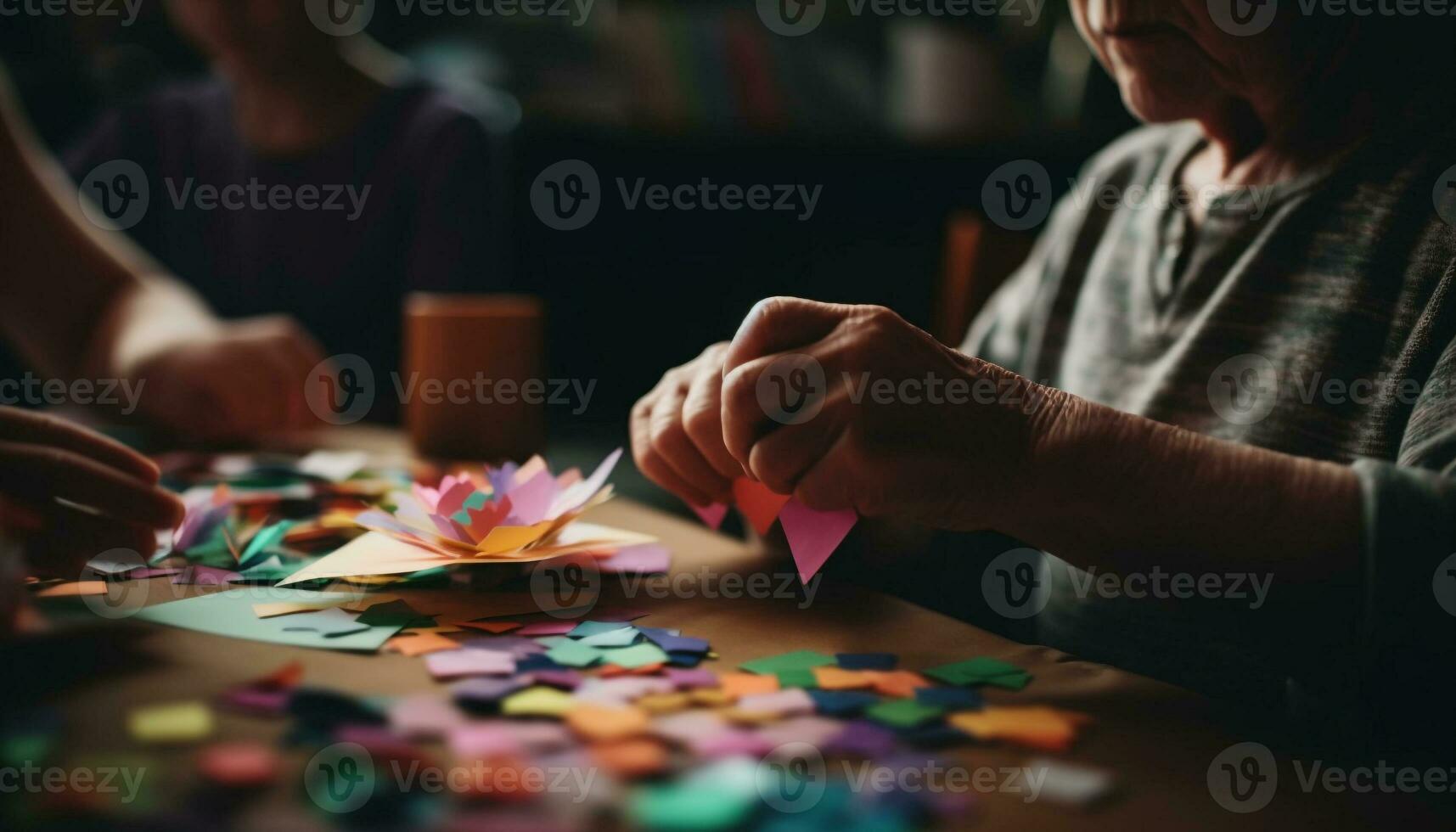 Sénior adulte jouit loisir activité, en portant coloré artisanat papier généré par ai photo