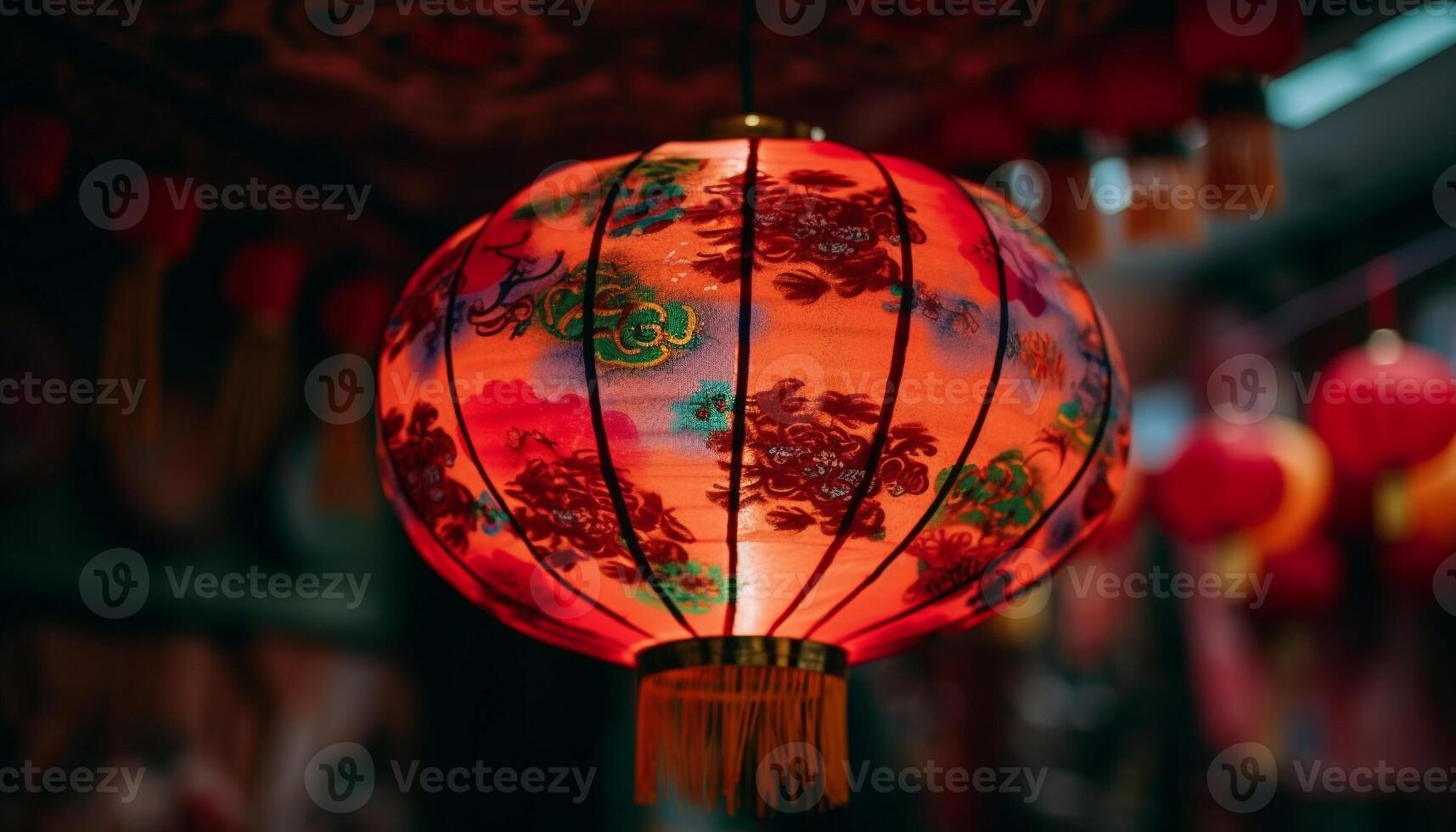 fleuri papier lanternes éclairer traditionnel chinois fête dans quartier chinois à nuit généré par ai photo