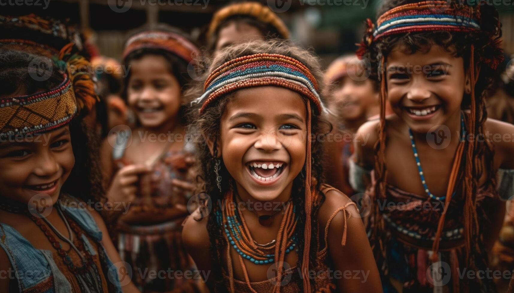 une groupe de de bonne humeur les enfants dans traditionnel Vêtements en jouant en plein air généré par ai photo