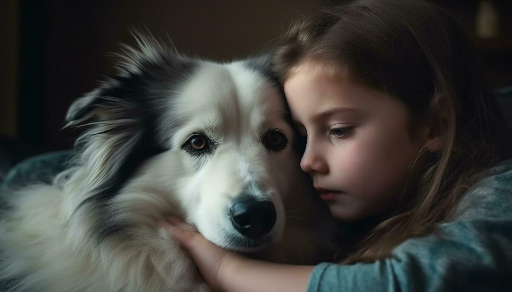 une mignonne chiot et une content enfant partager une aimant embrasse généré par ai photo