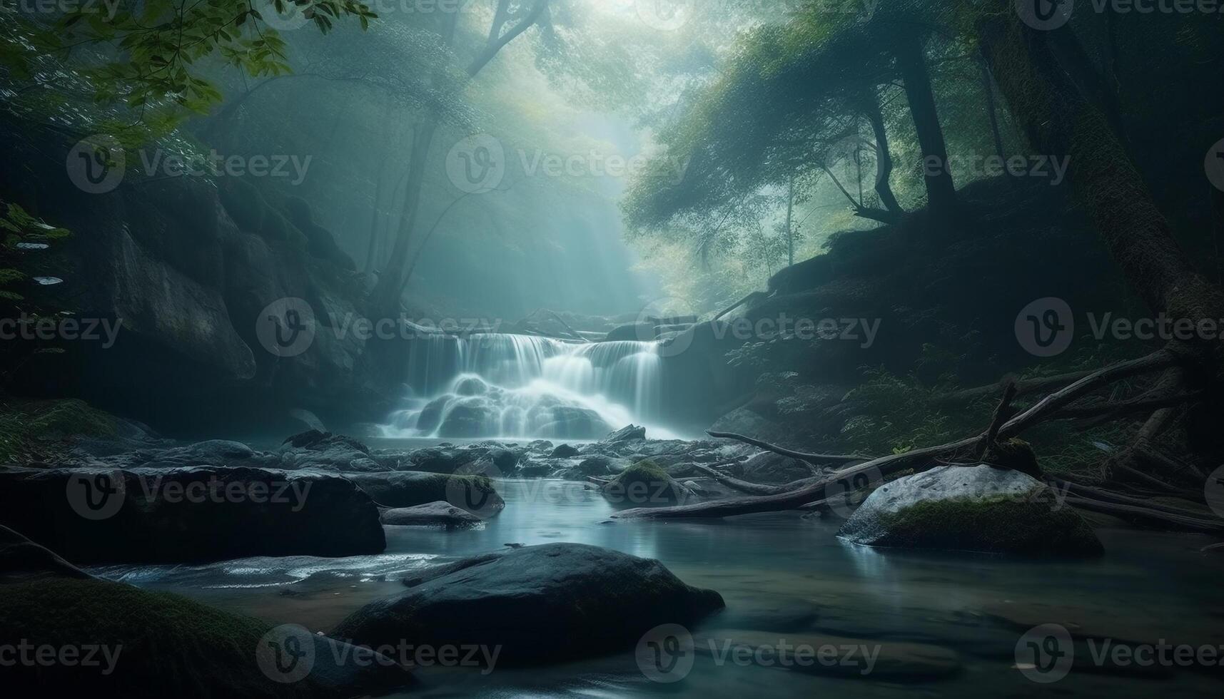 tranquille scène de écoulement l'eau dans majestueux tropical forêt tropicale aventure généré par ai photo