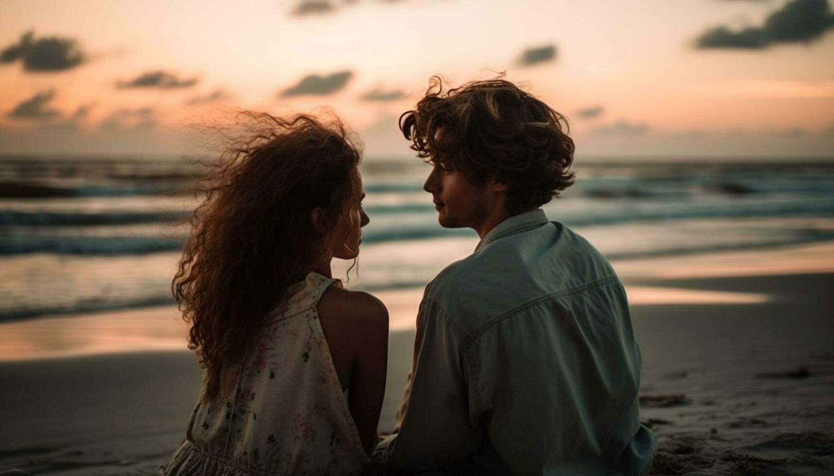 Jeune couple embrasse dans le coucher du soleil plage romance généré par ai photo