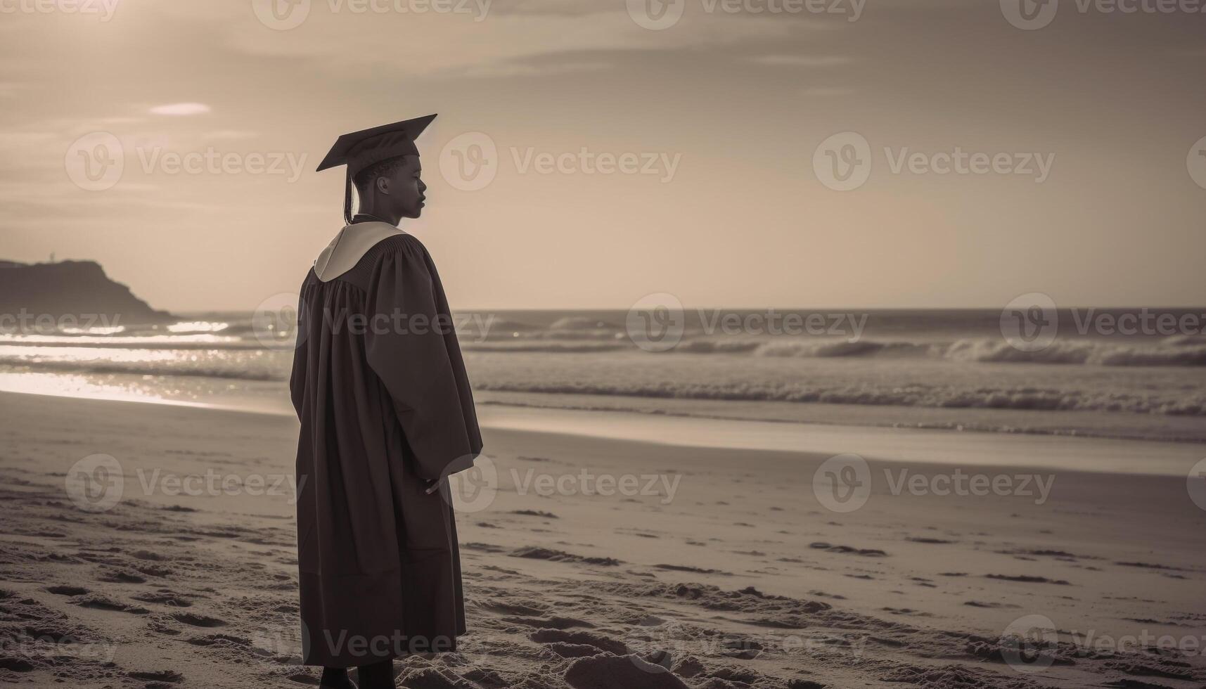 Jeune femme permanent sur littoral, en portant diplôme généré par ai photo