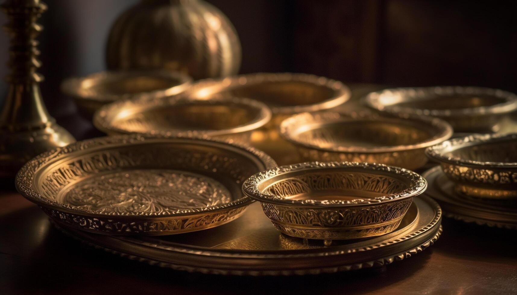 ancien élégance fleuri poterie collection sur table généré par ai photo