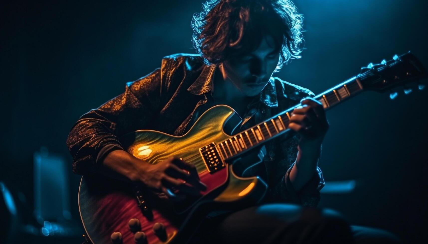 en jouant électrique guitare sur étape généré par ai photo