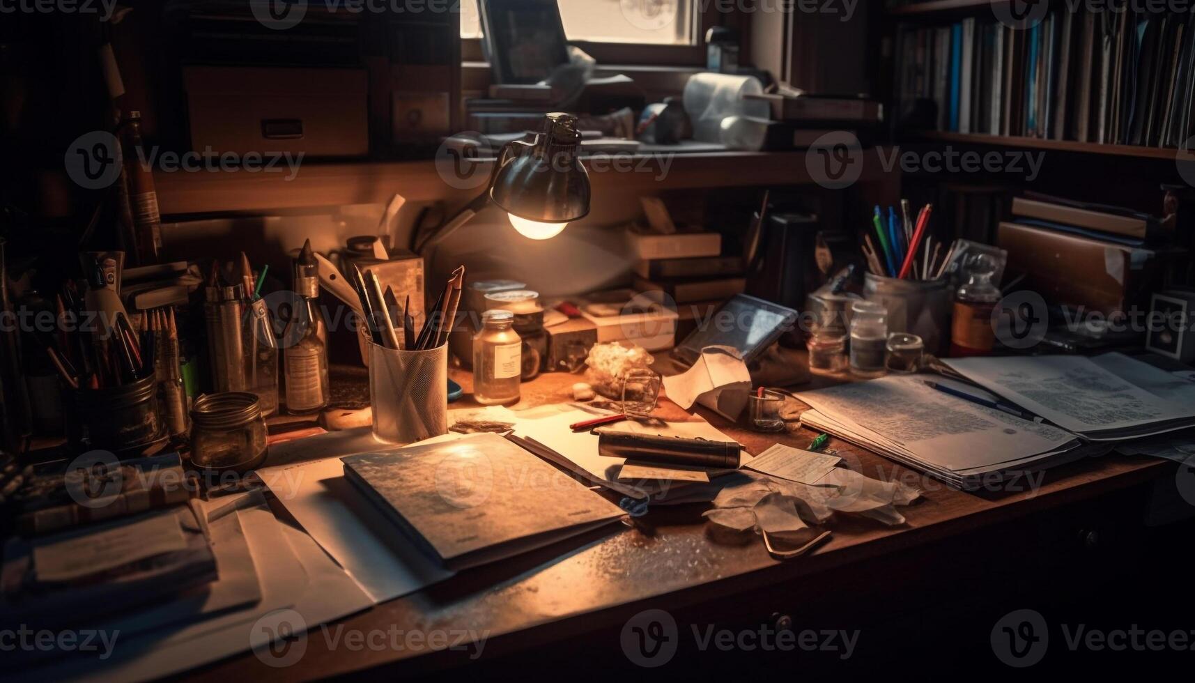 artisan atelier vieux façonné, désordonné, créatif, et moderne généré par ai photo