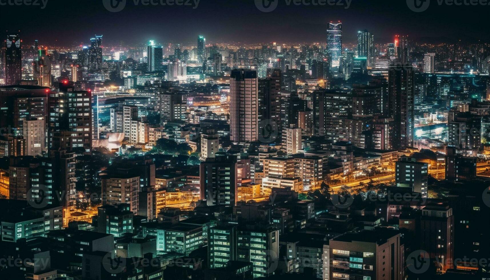embrasé paysage urbain à crépuscule, financier district illuminé généré par ai photo