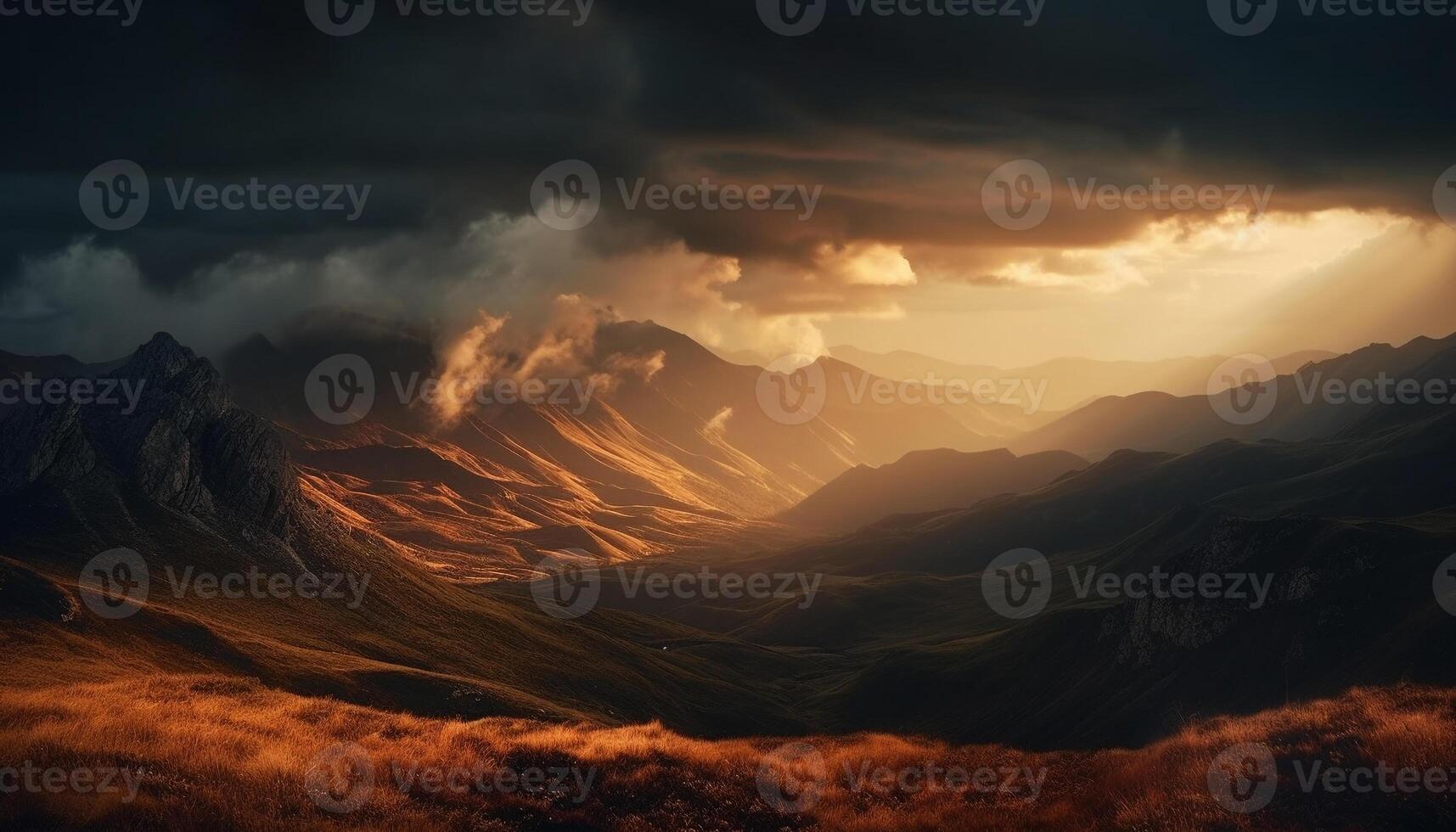 majestueux Montagne gamme, tranquille prairie, spectaculaire ciel généré par ai photo