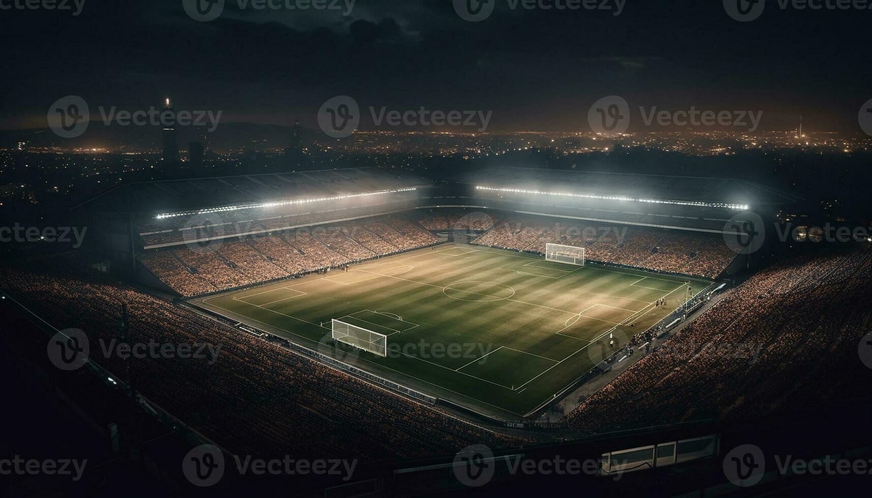 brillant projecteur illumine vide football champ dans moderne des sports lieu généré par ai photo