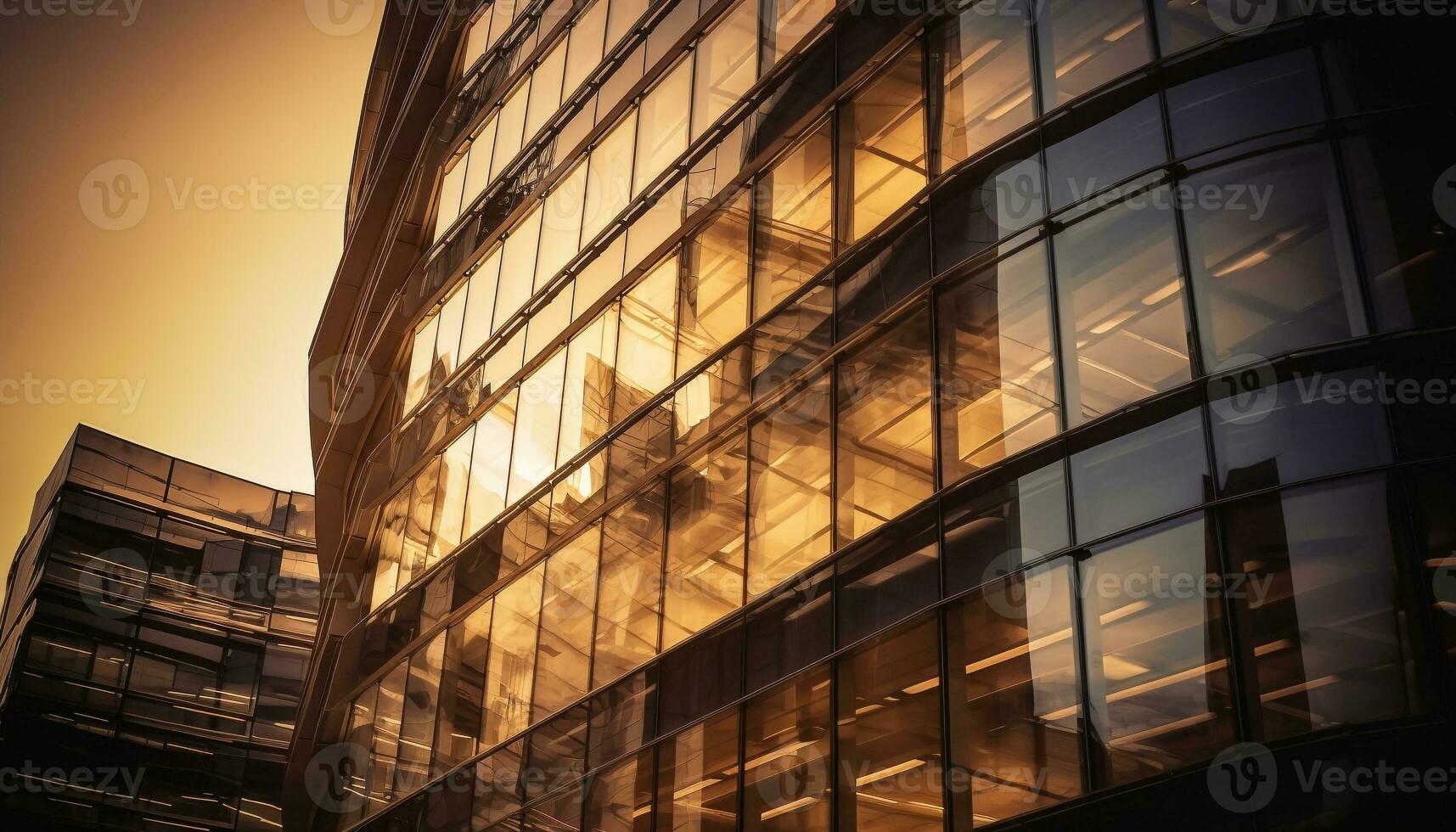 futuriste gratte-ciel reflète vibrant ville la vie à crépuscule généré par ai photo