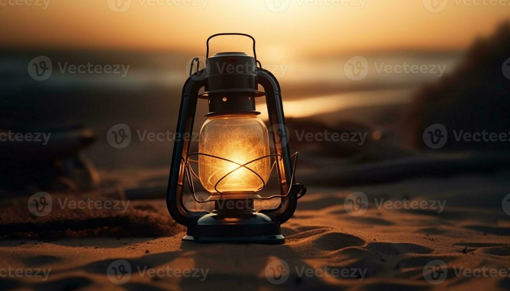 embrasé antique lanterne illumine tranquille été le coucher du soleil scène généré par ai photo