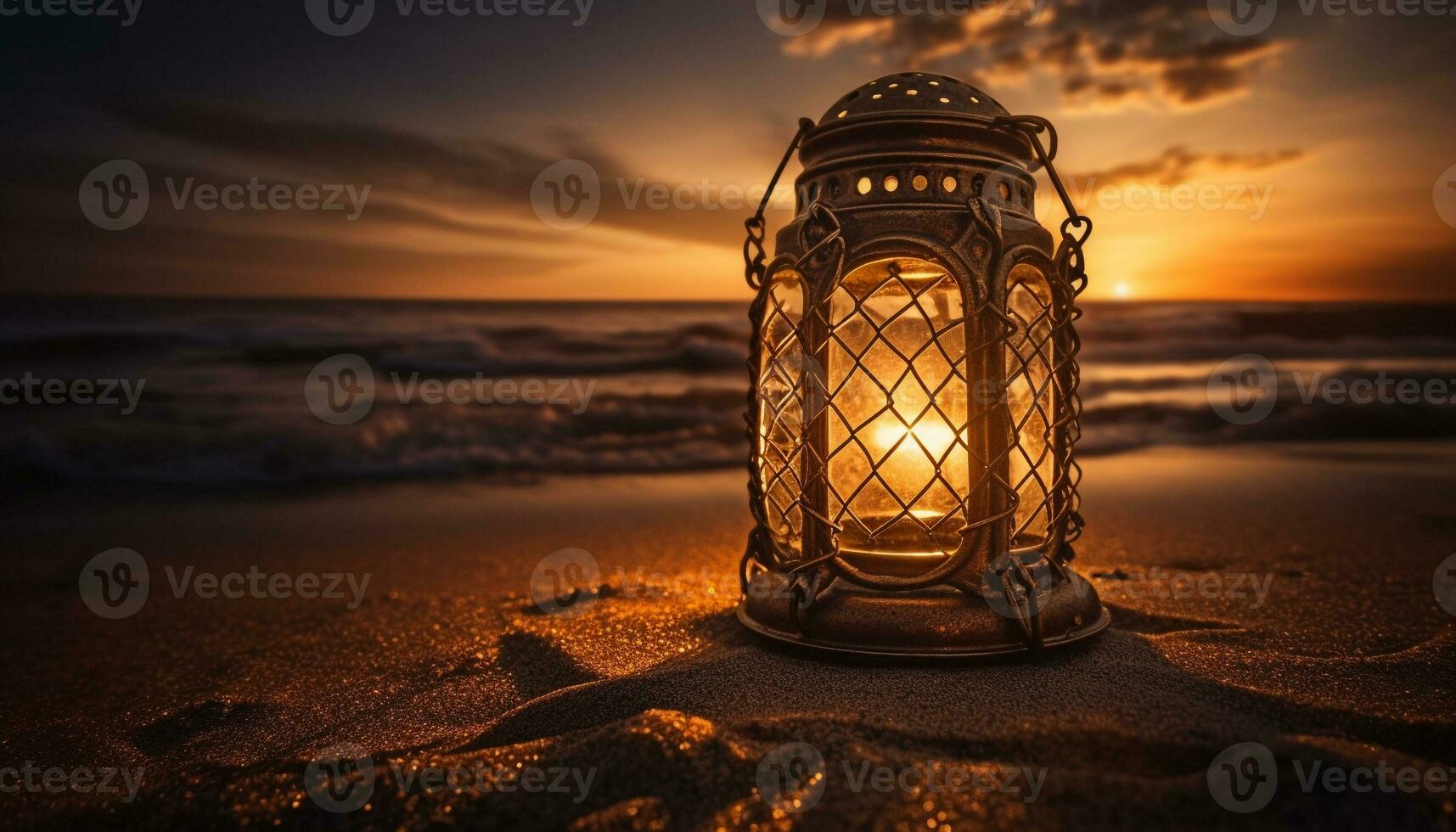 antique lanterne brille dans tranquille été crépuscule généré par ai photo
