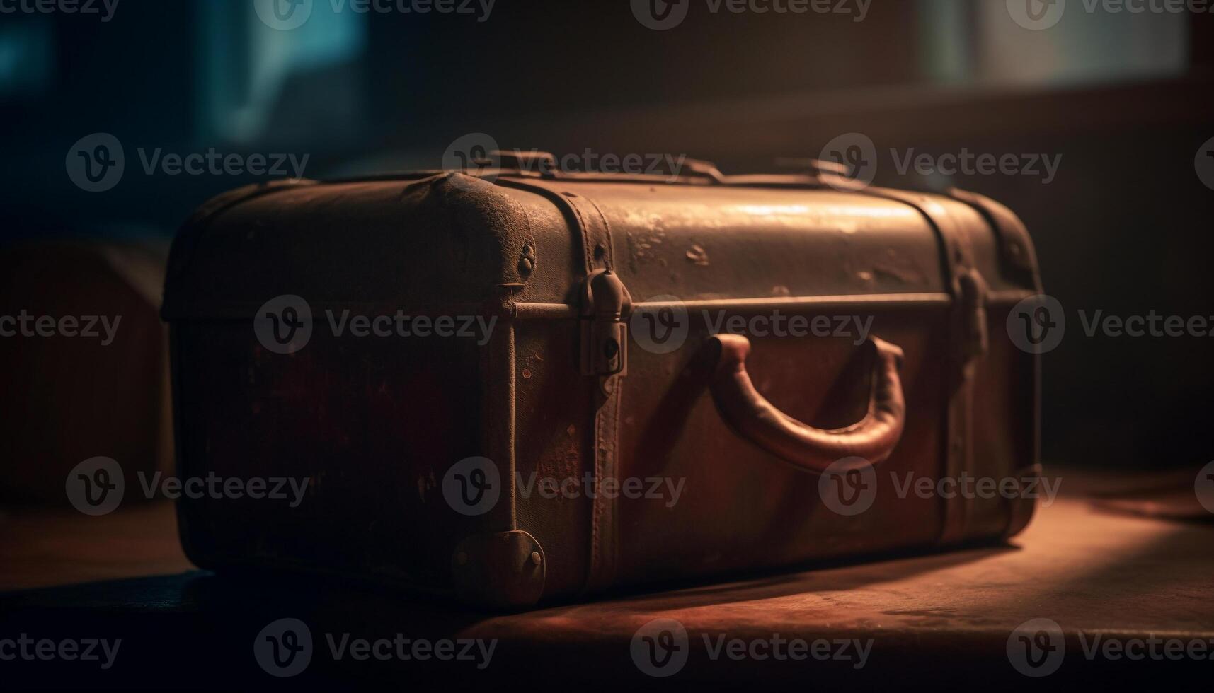 vieux façonné cuir valise, rouillé serrure, élégant nostalgie généré par ai photo