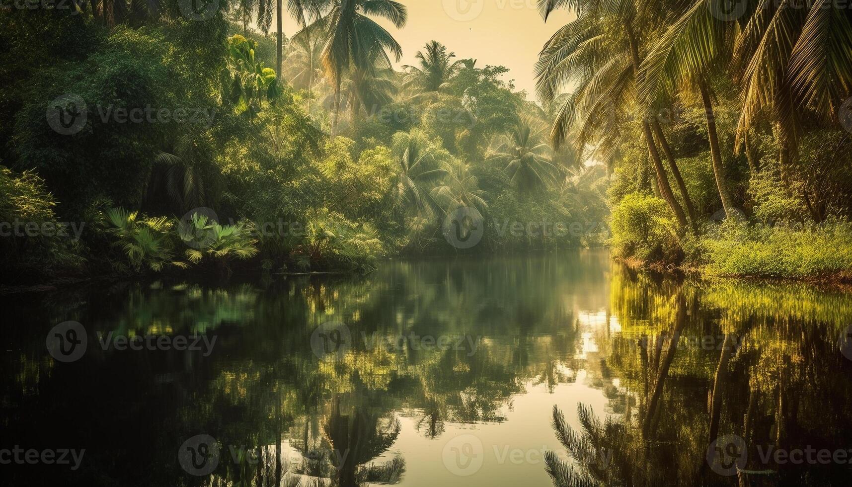 tranquille scène de paume des arbres reflétant dans étang généré par ai photo