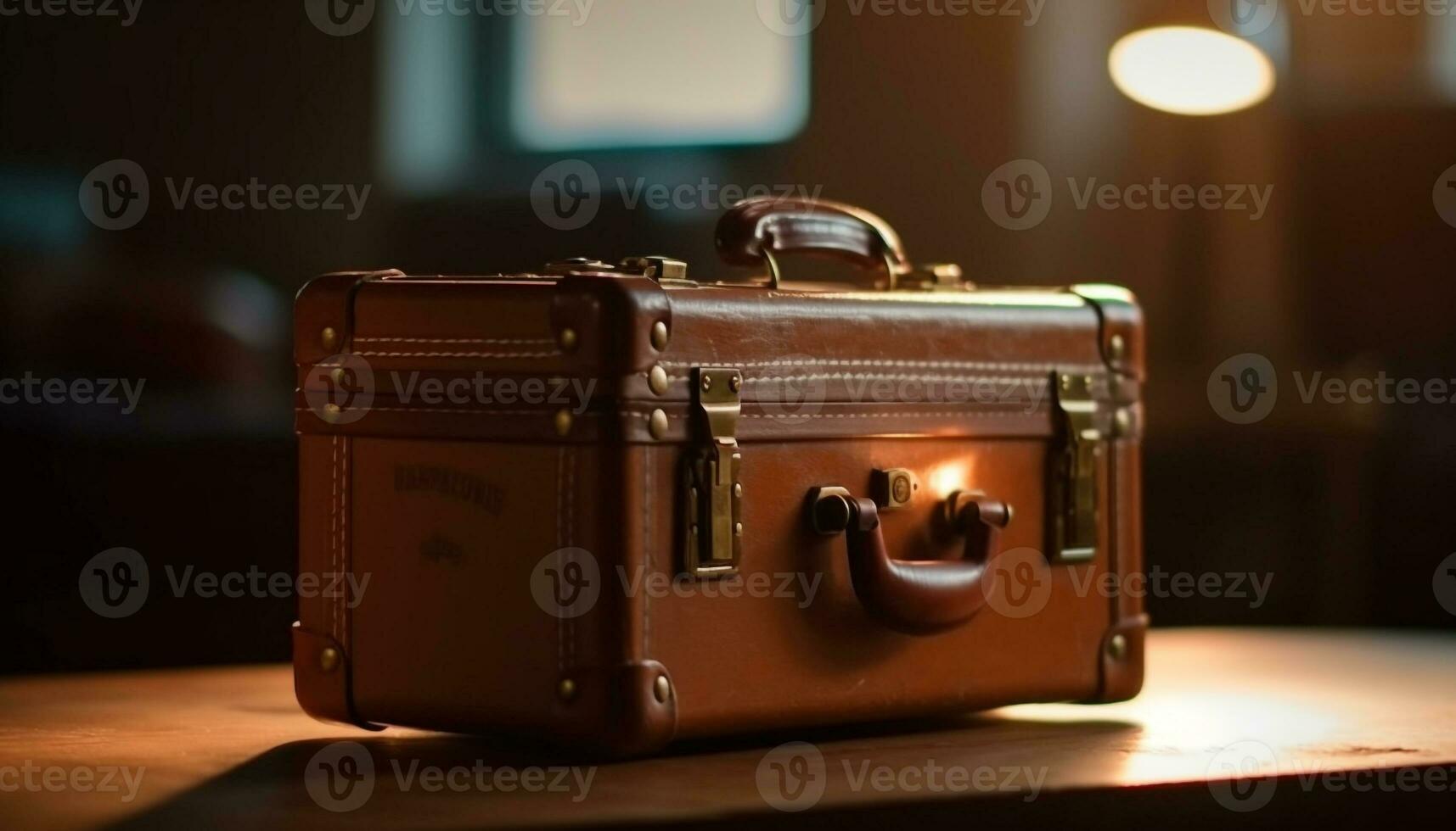 vieux façonné cuir valise, emballé pour aventure généré par ai photo