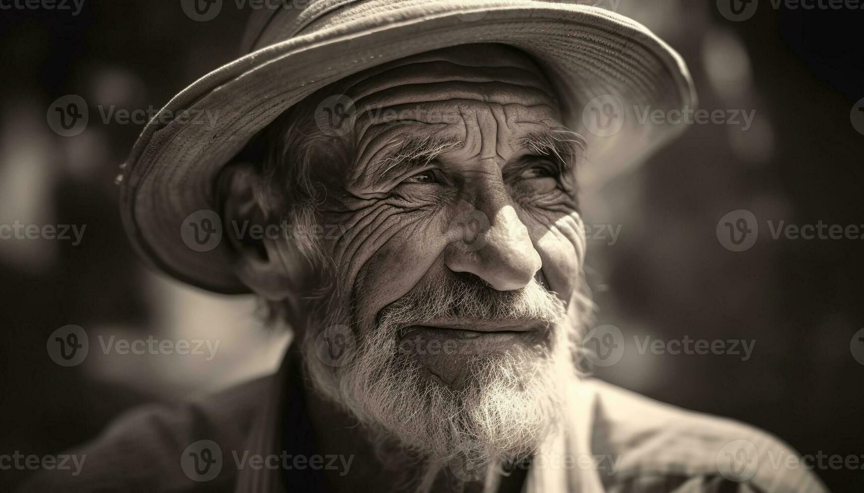 souriant Sénior homme dans paille chapeau en plein air généré par ai photo