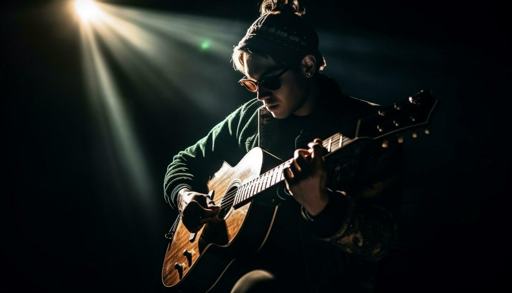 Jeune adulte guitariste performant Roche la musique sur étape généré par ai photo