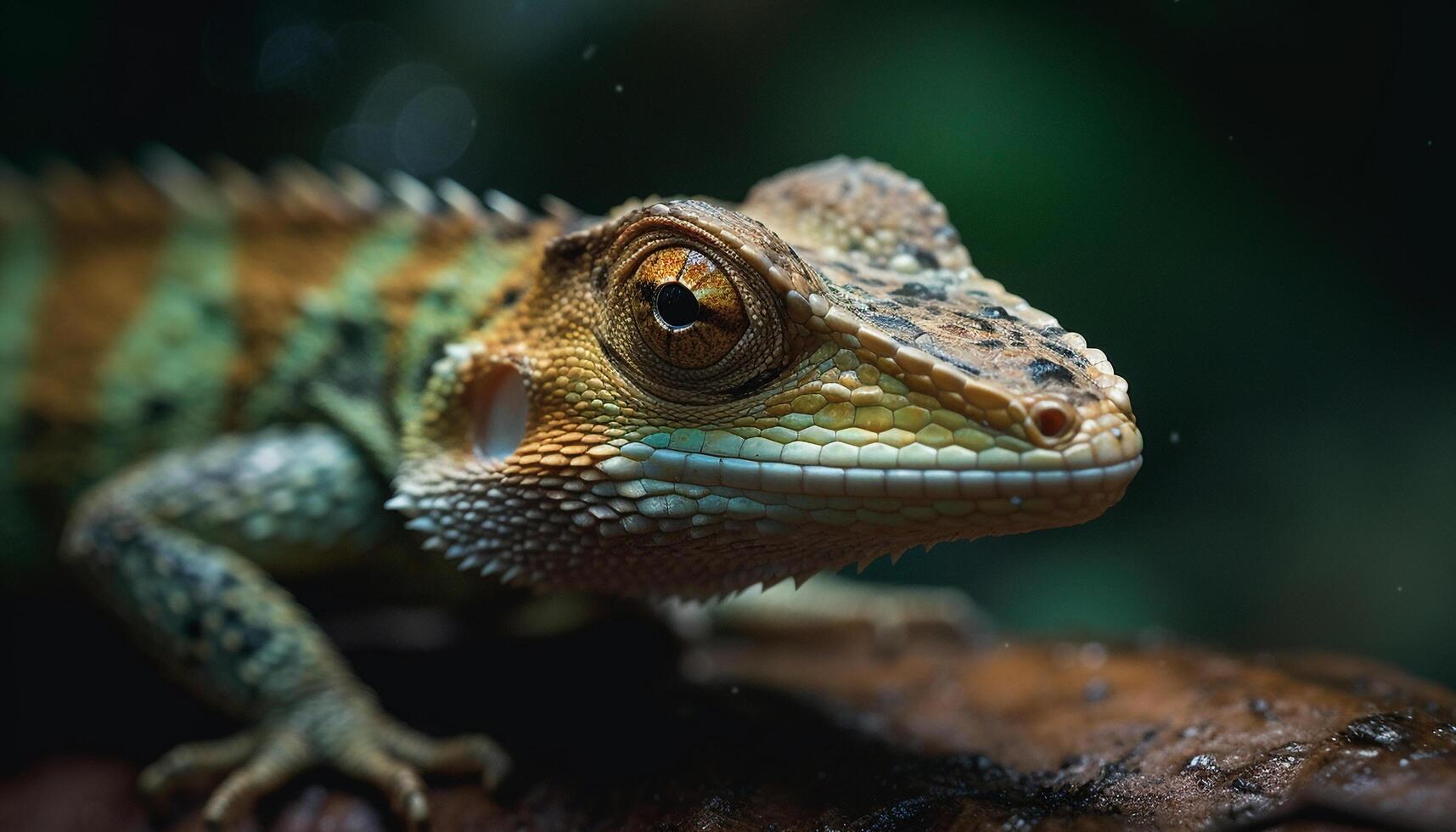 vert lézard sur humide feuille dans tropical forêt généré par ai photo