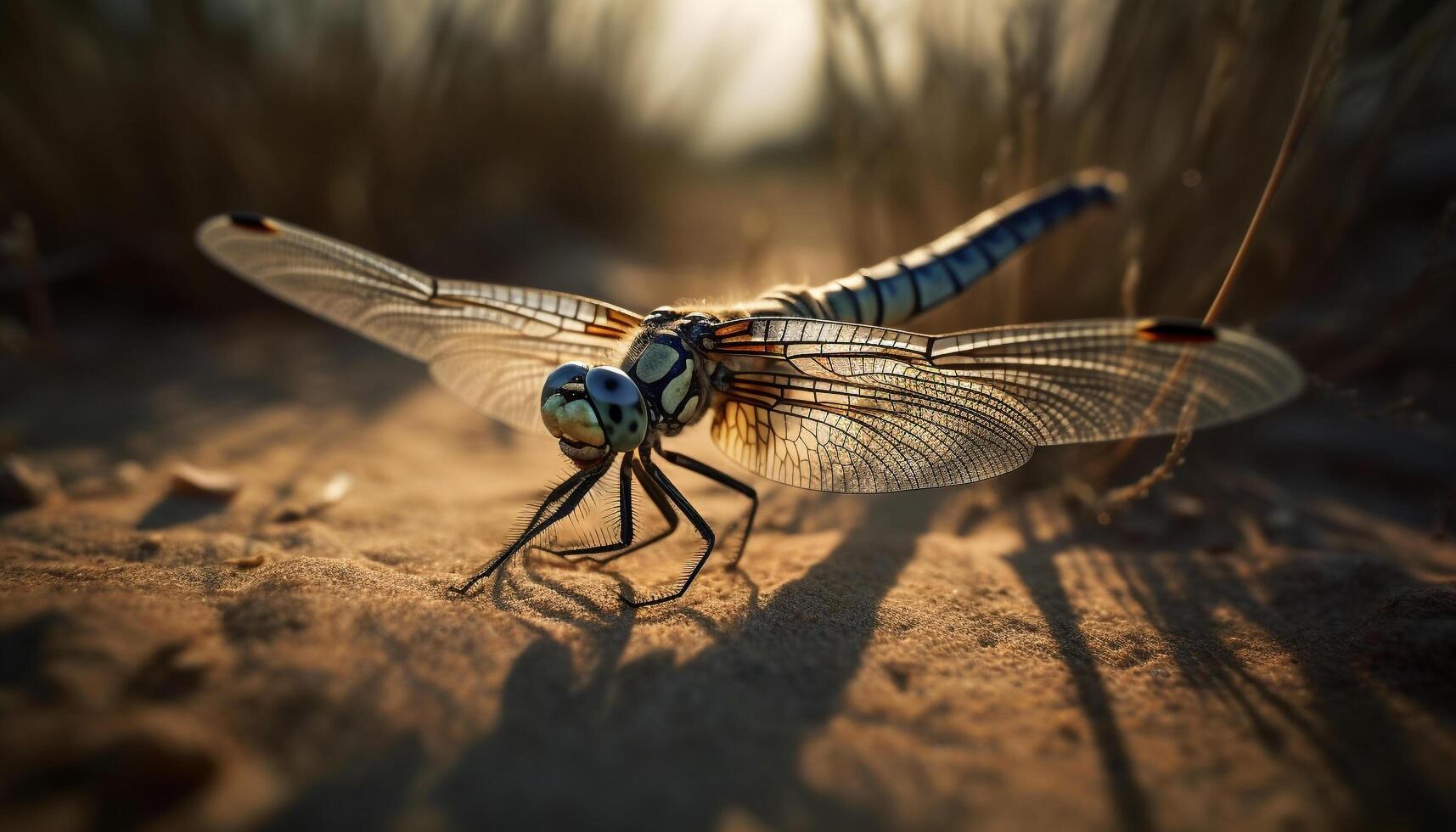 libellule repos sur vert herbe dans lumière du soleil généré par ai photo