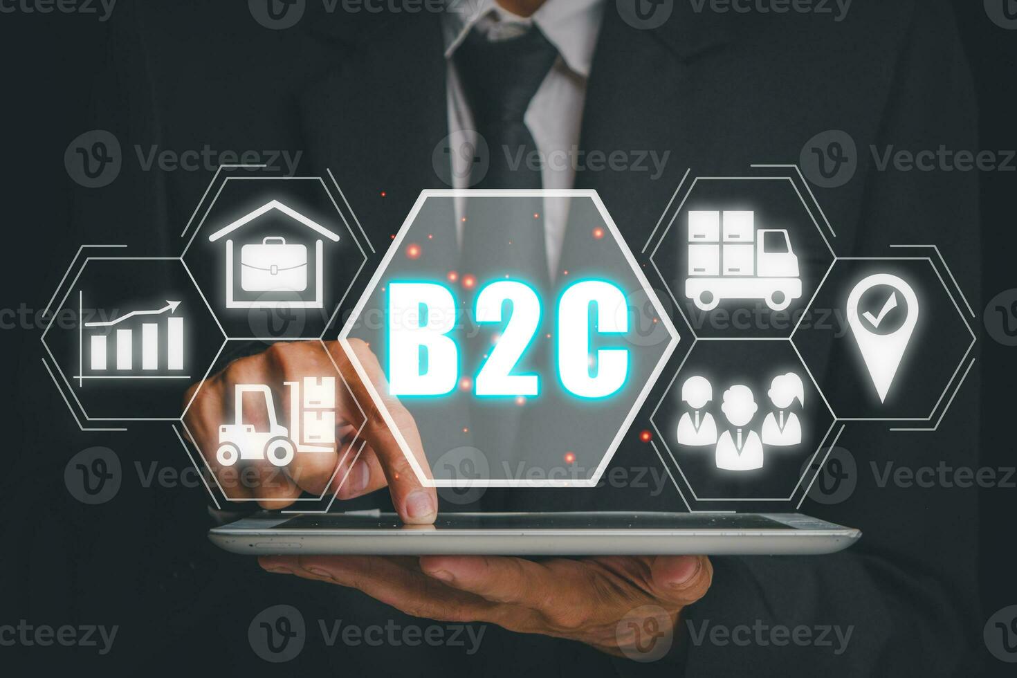 b2c, affaires à client concept, entreprises la personne en utilisant tablette avec affaires à client icône sur virtuel filtrer. photo