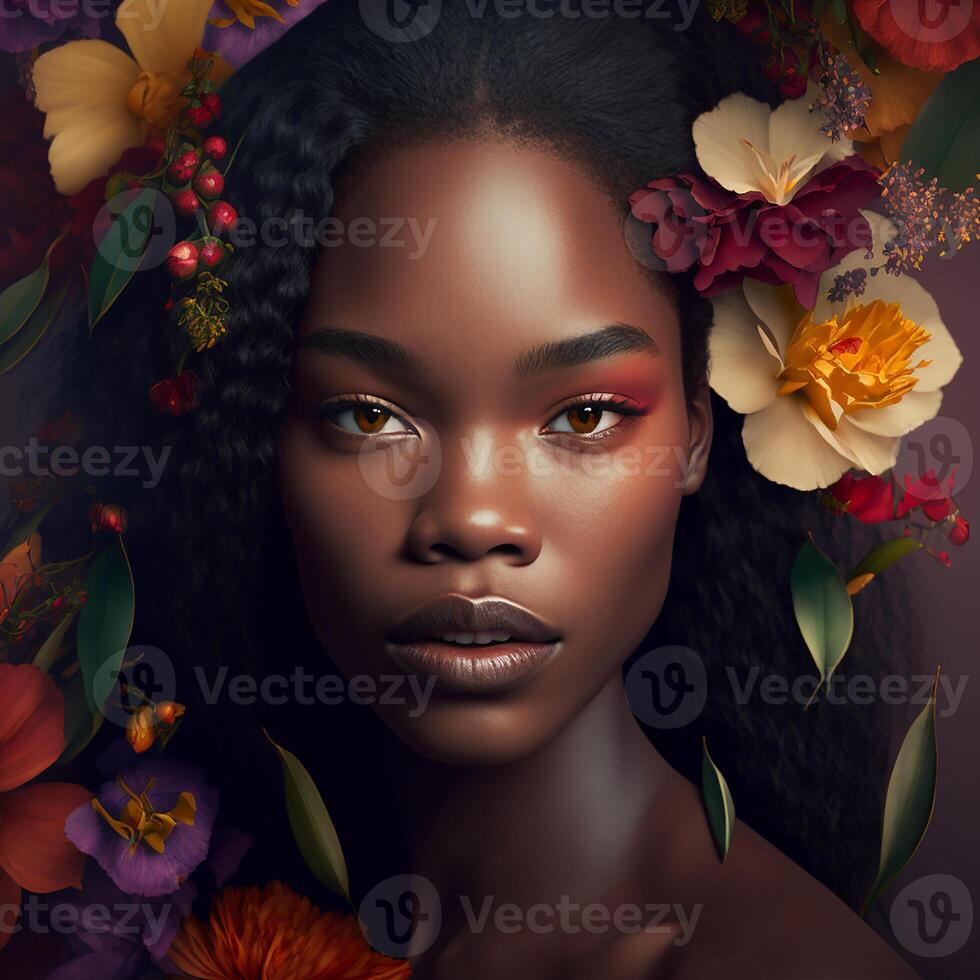 ai généré portrait de africain américain femme avec fleurs dans cheveux photo