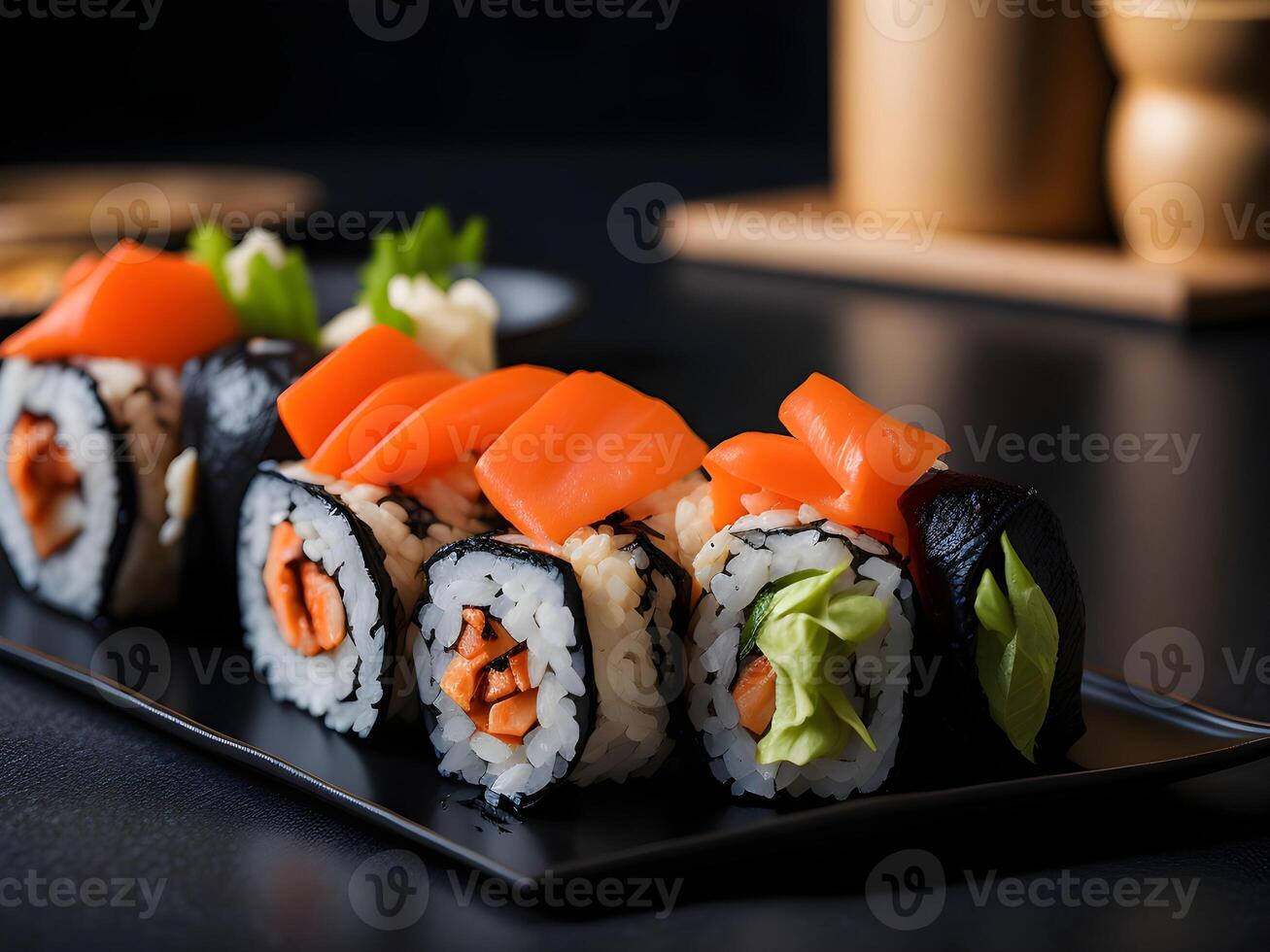 une assiette de appétissant Sushi Rouleaux avec tranche de Saumon sur Haut. génératif ai photo