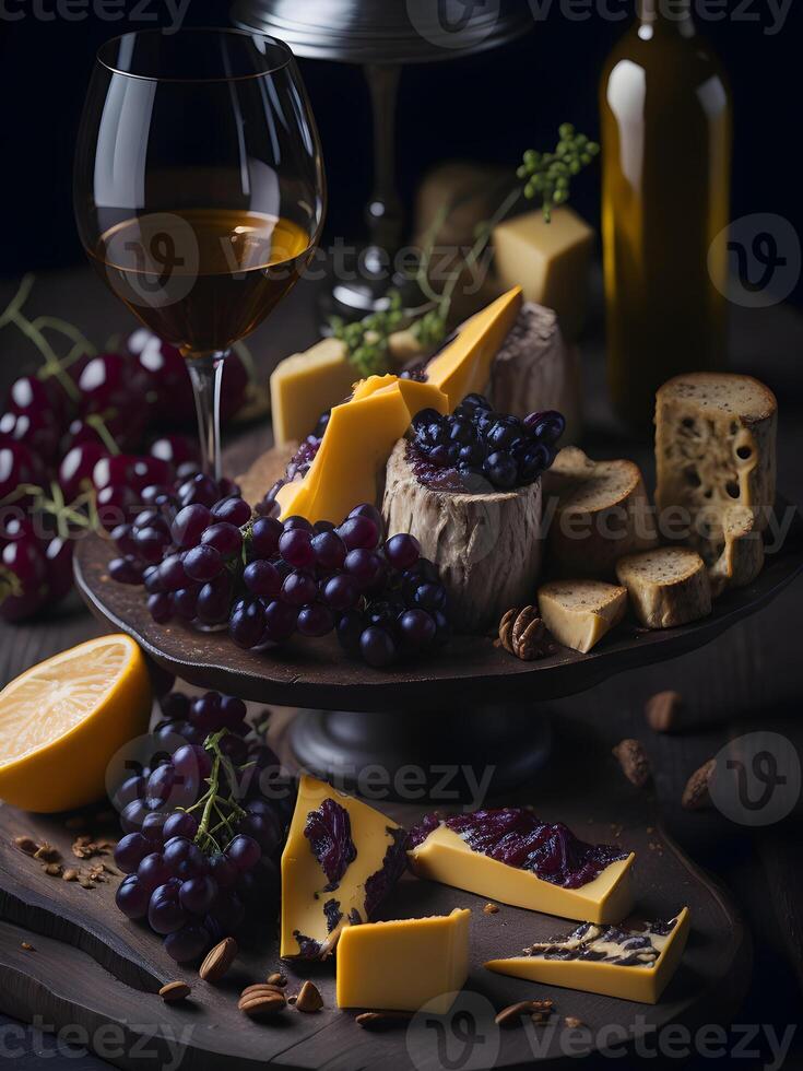 fromage plateaux avec raisins, des noisettes et pain. génératif ai photo