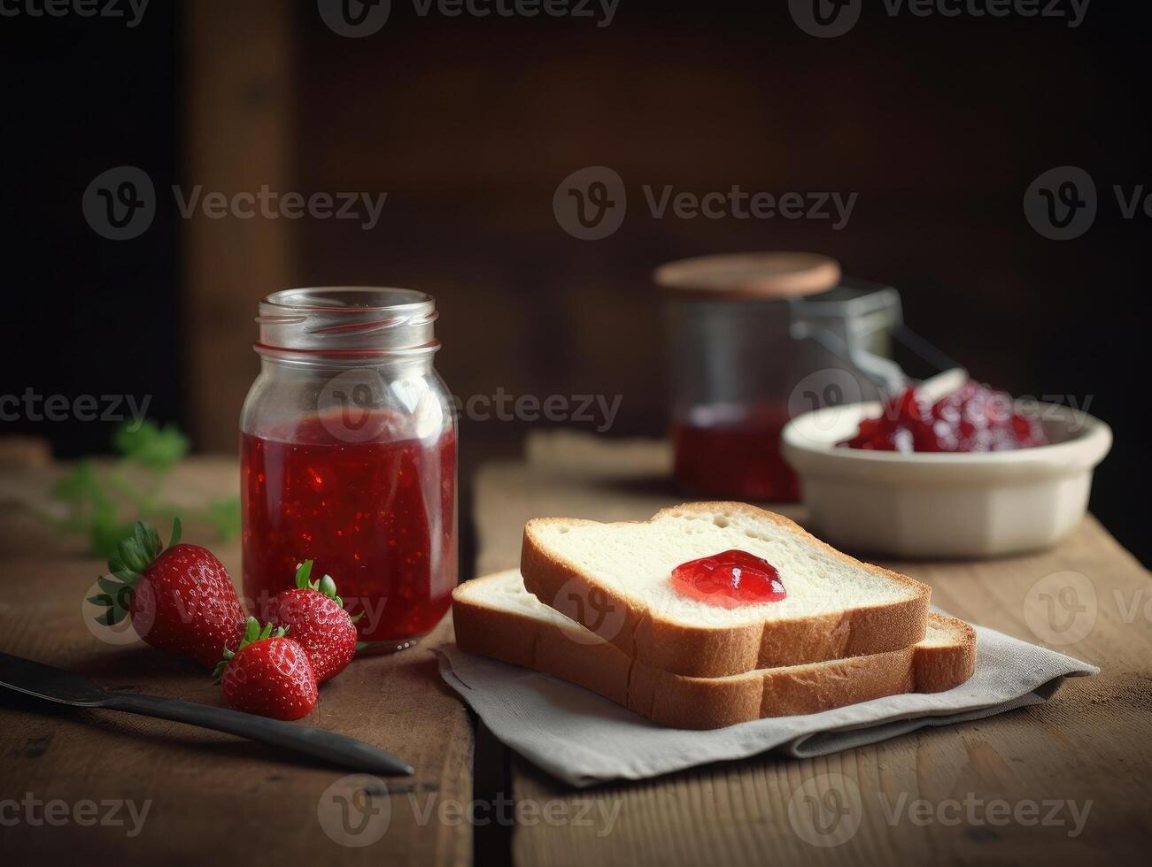 pain grillé avec fraise confiture pour petit déjeuner sur en bois tableau. génératif ai photo