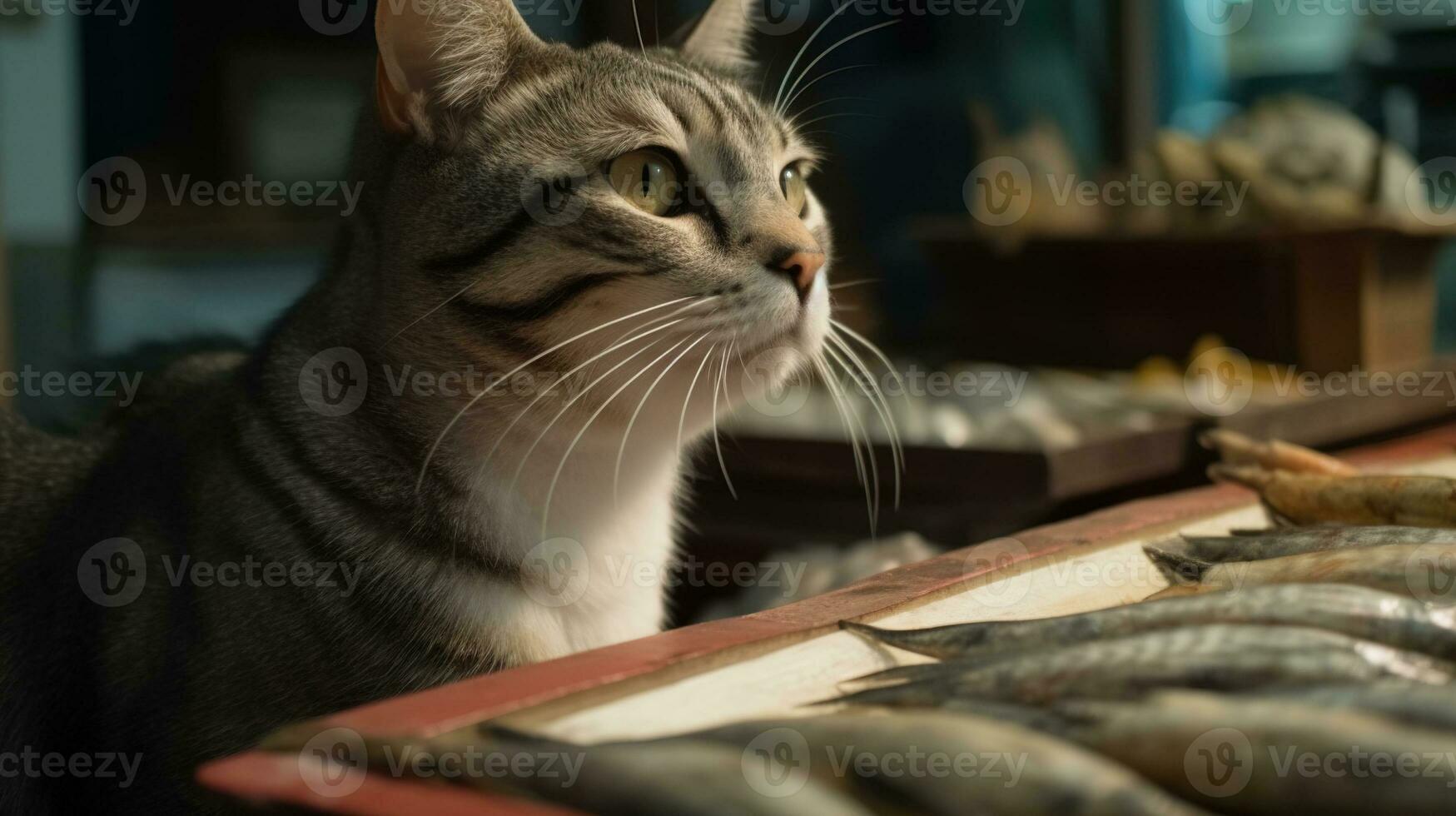 mignonne chat en train de regarder le poisson. marrant chaton reniflement le poisson. généré ai. photo