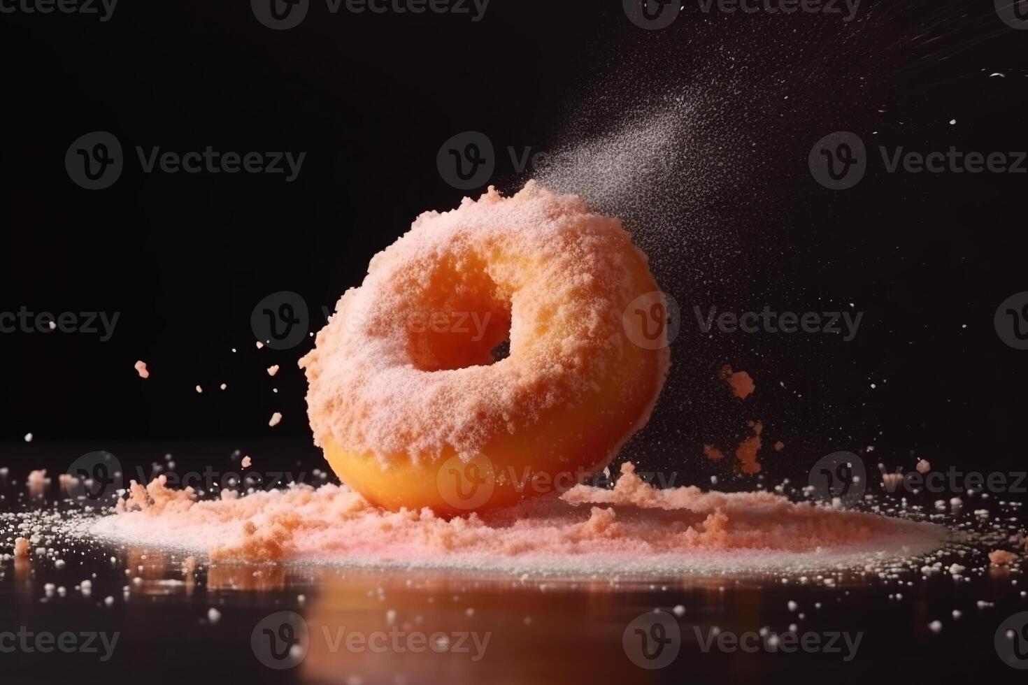 Donut expressif coup avec Garniture et sucre poudre éclaboussure. savoureux Donut nourriture coiffant image. génératif ai. photo