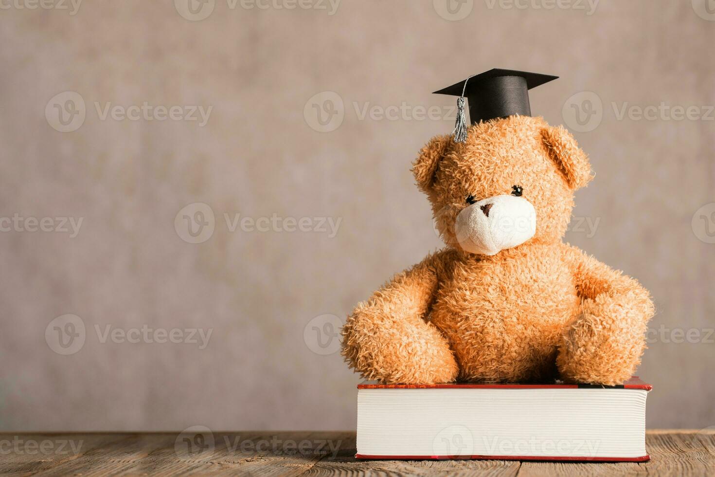 marron nounours ours dans un académique casquette est mis sur une épais dictionnaire. photo