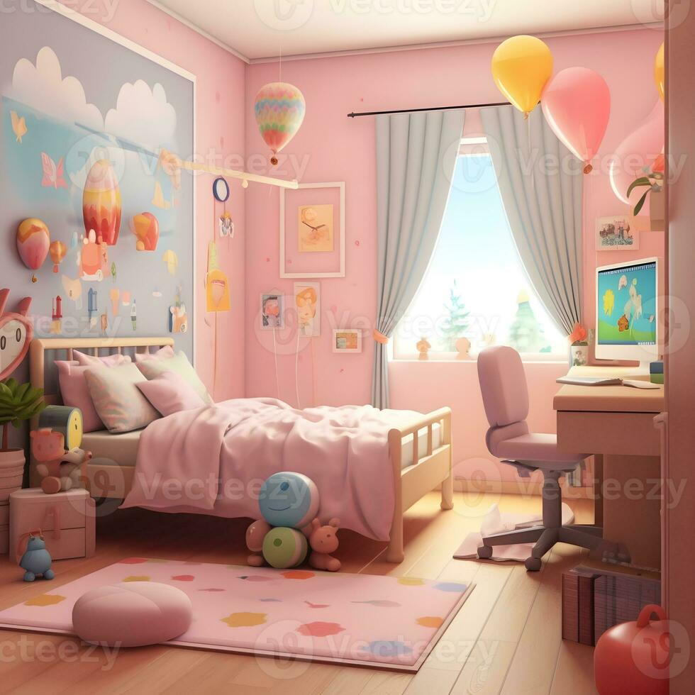 3d rendre de mignonne chambres avec bureau illustrations, mignonne des gamins chambre des illustrations photo