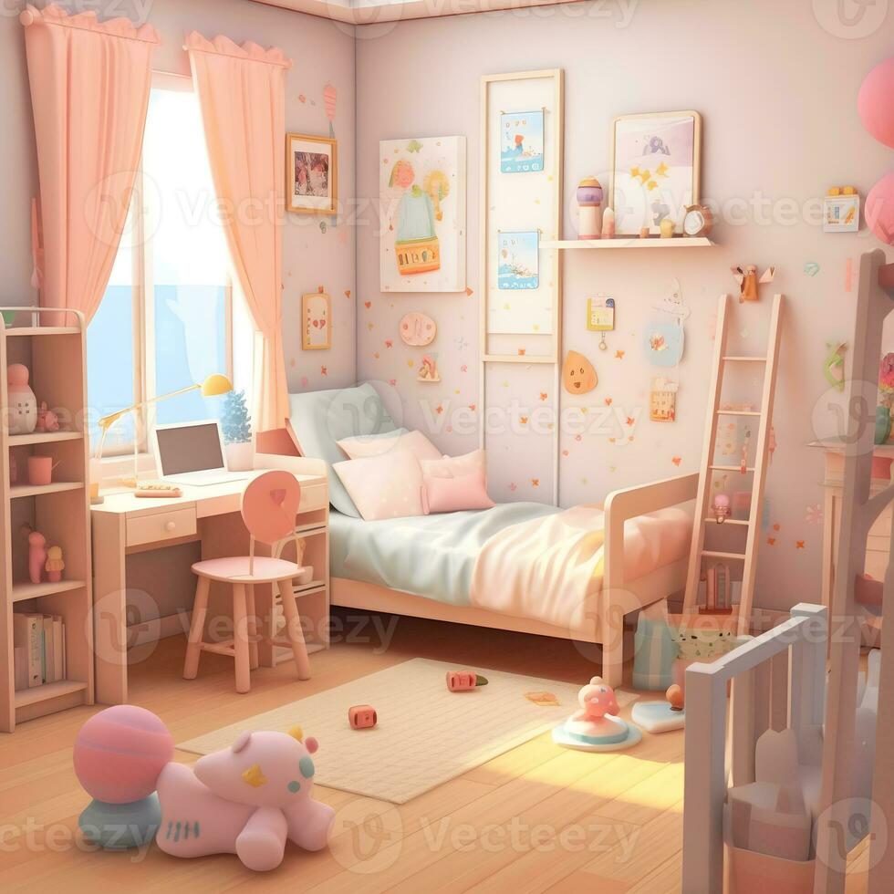 3d rendre de mignonne chambres avec bureau illustrations, mignonne des gamins chambre des illustrations photo