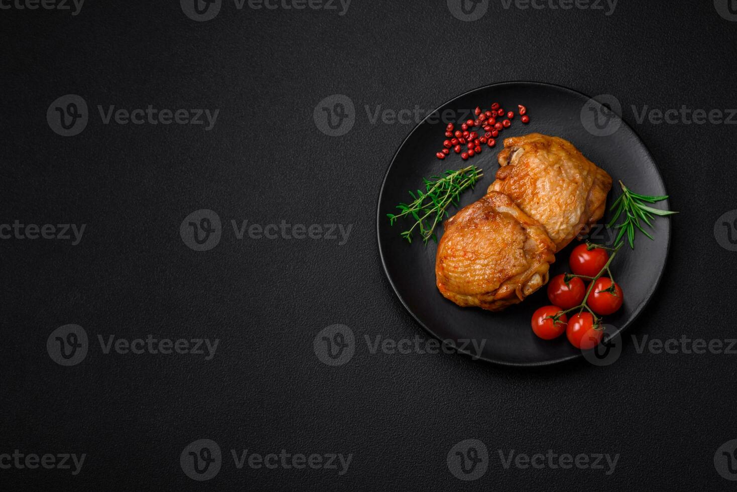 délicieux juteux poulet les cuisses cuit avec sel, épices et herbes dans une céramique assiette photo