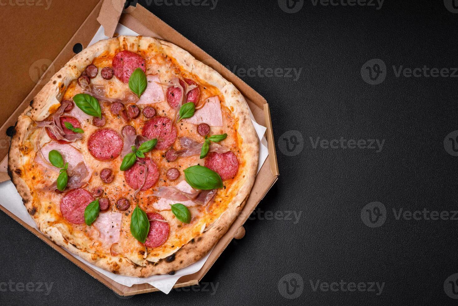 délicieux Frais four cuit Pizza avec salami, Viande, fromage, tomates photo