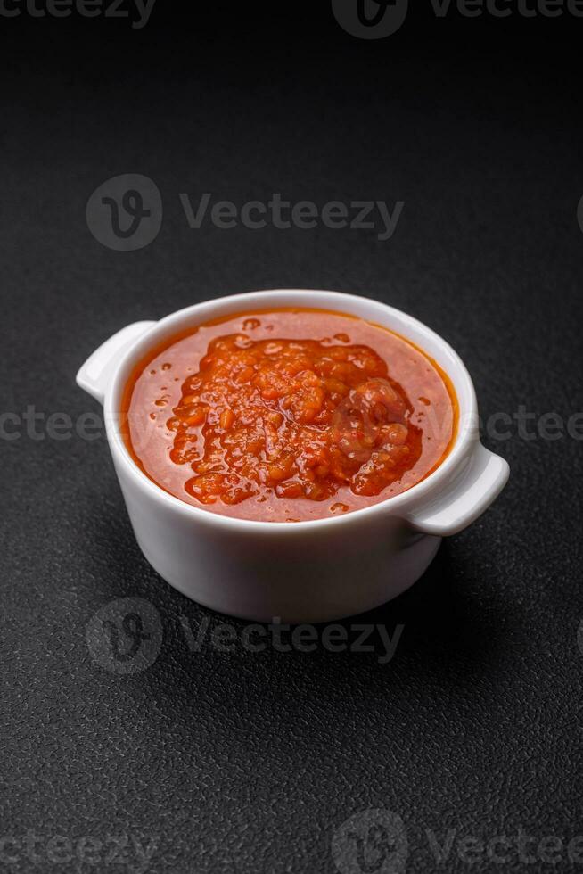 délicieux épicé tomate sauce avec poivre, ail, sel, épices et herbes photo