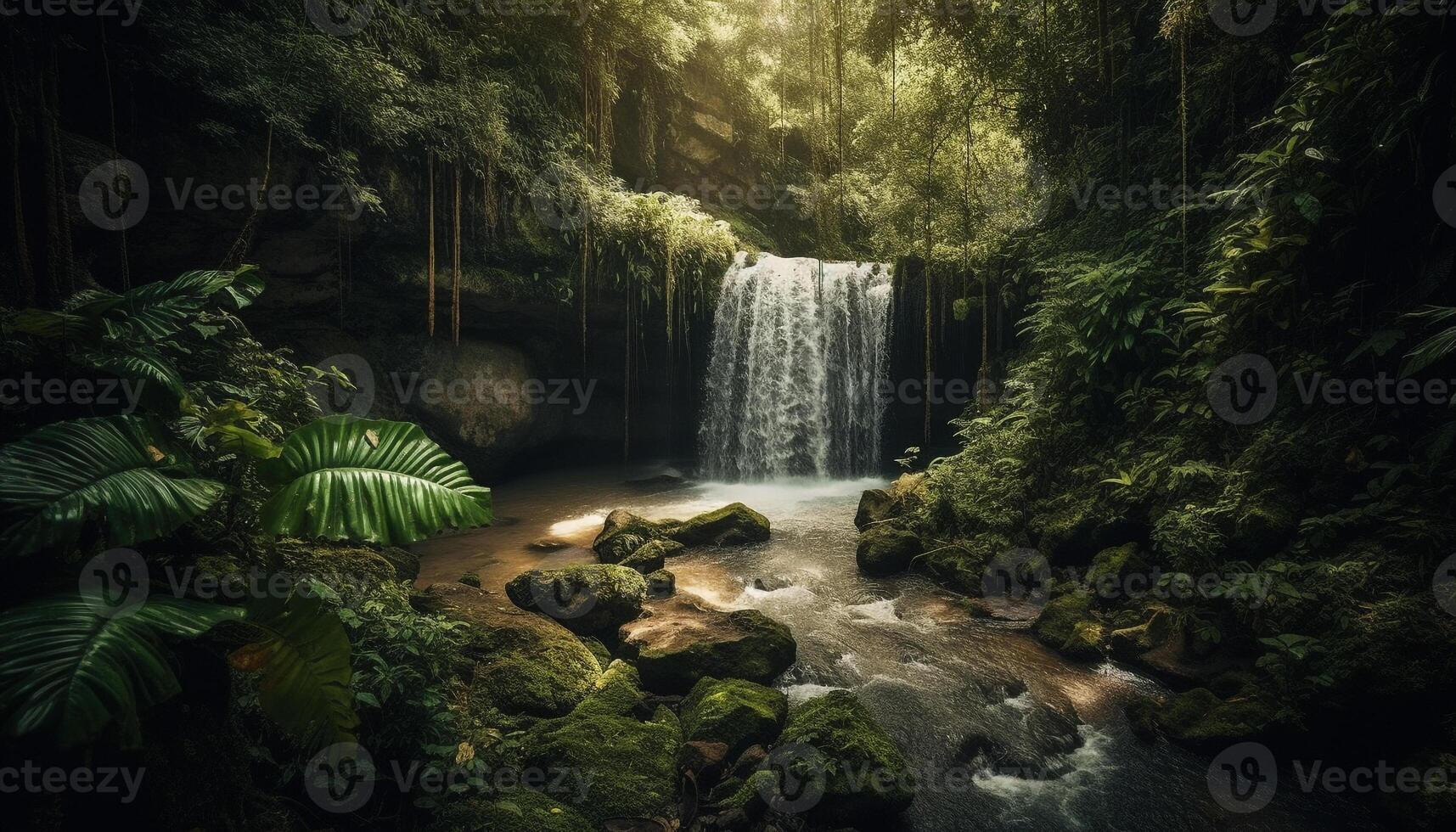 tranquille scène de écoulement l'eau dans tropical forêt généré par ai photo