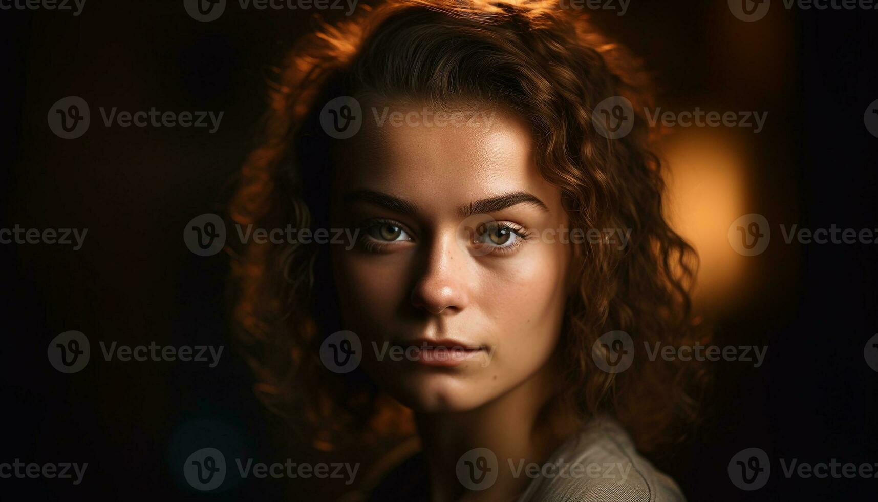 magnifique femme avec frisé marron cheveux souriant en toute confiance généré par ai photo