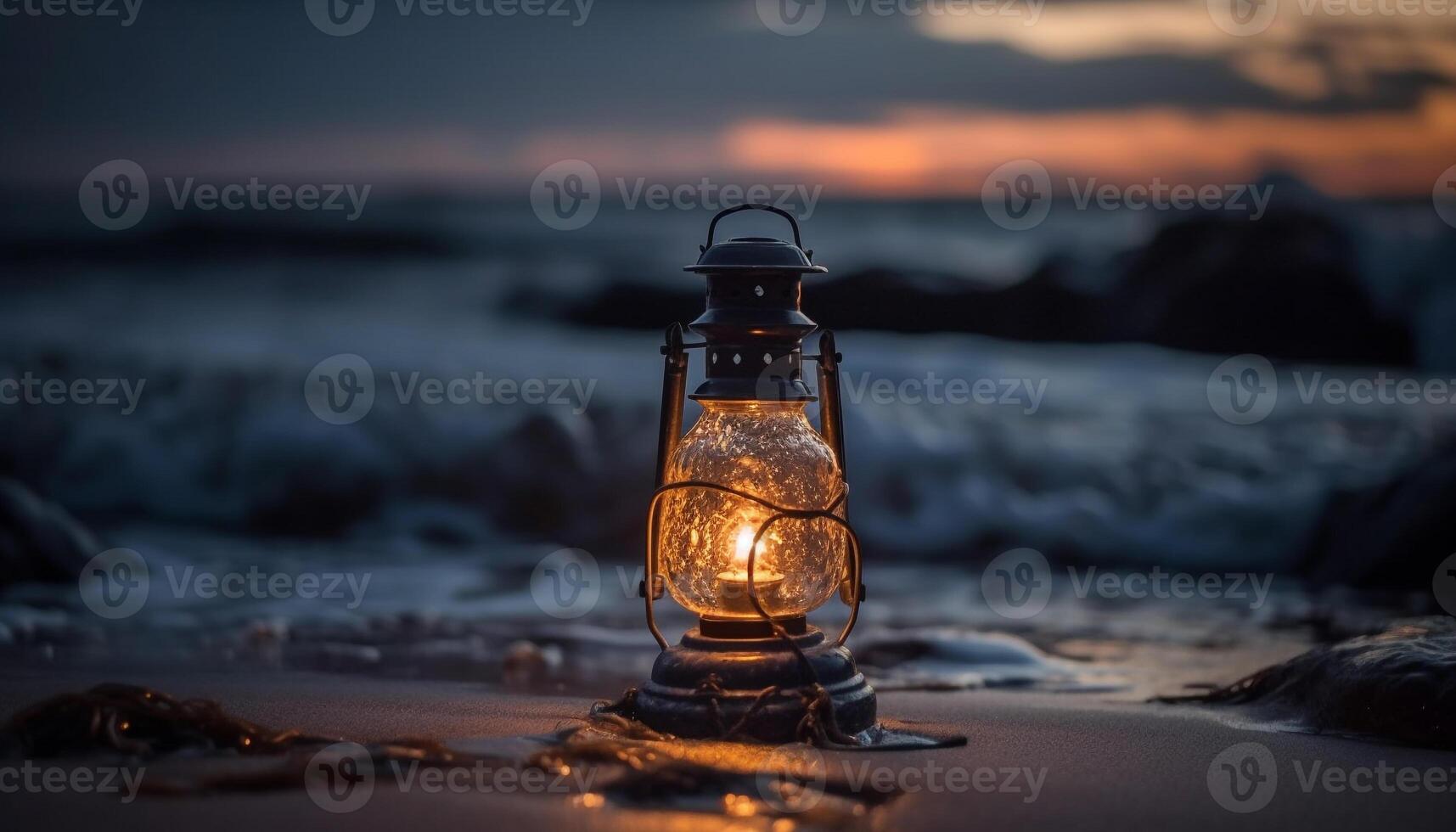 embrasé lanterne illumine vieux façonné métal équipement à crépuscule généré par ai photo