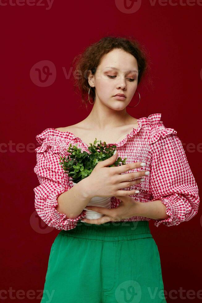 magnifique femme dans rose chemisier est posant avec une plante dans blanc pot photo