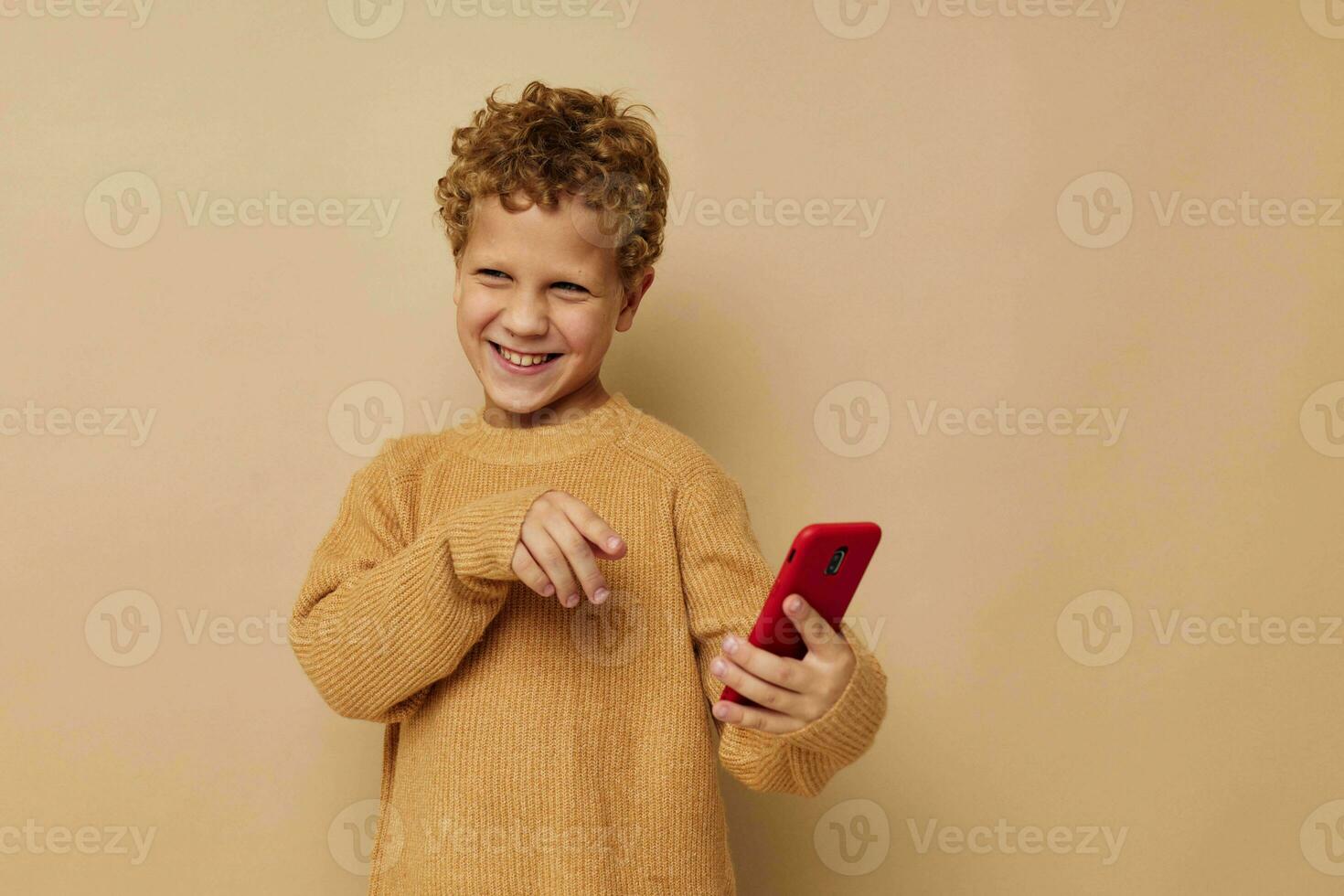 souriant garçon dans une chandail avec une téléphone dans le sien mains la communication photo