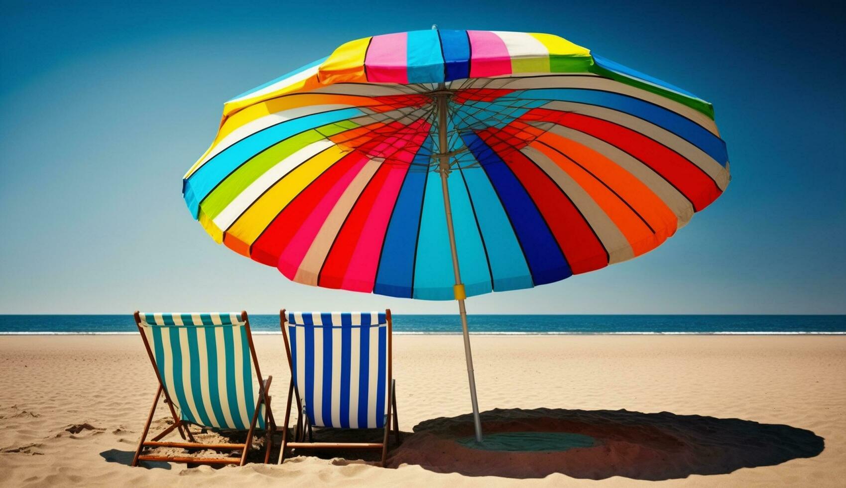 bleu horizon plus de l'eau rayé parapluie sablonneux plage généré par ai photo