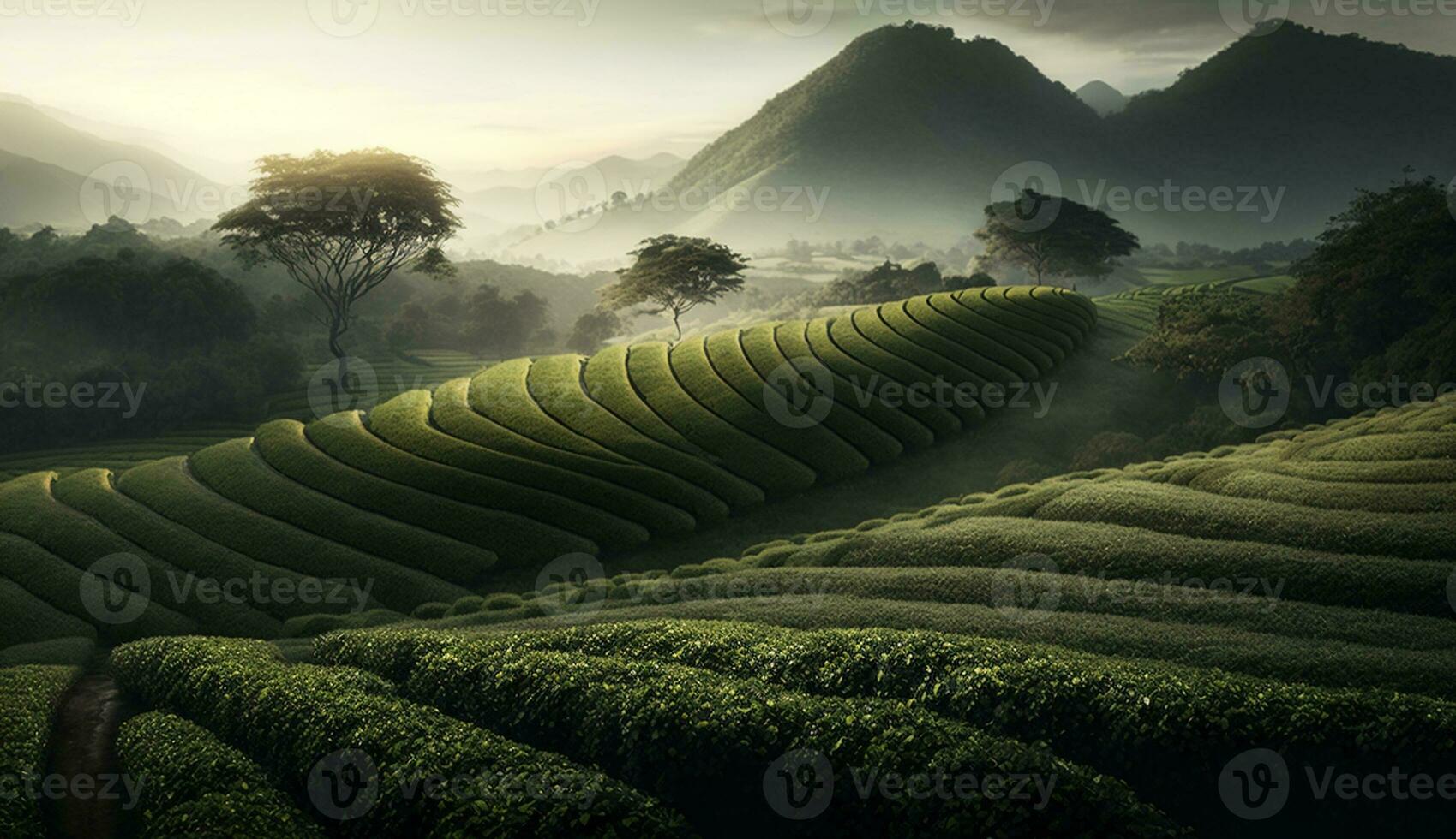 rural scène vert paysage thé surgir tranquille Aube généré par ai photo